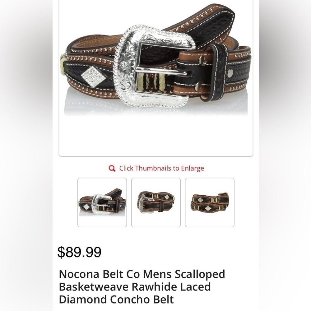 NWOT Nocona Mens Scalloped Basketweave Rawhide Laced Diamond Concho Belt - Picture 2 of 16